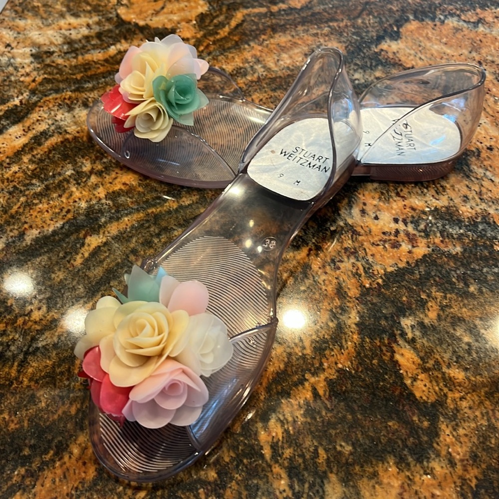 Stuart Weitzman Vintage Pastel Floral Bouquet Clear Flat Peep Toe Jellies Shoes - Picture 2 of 8